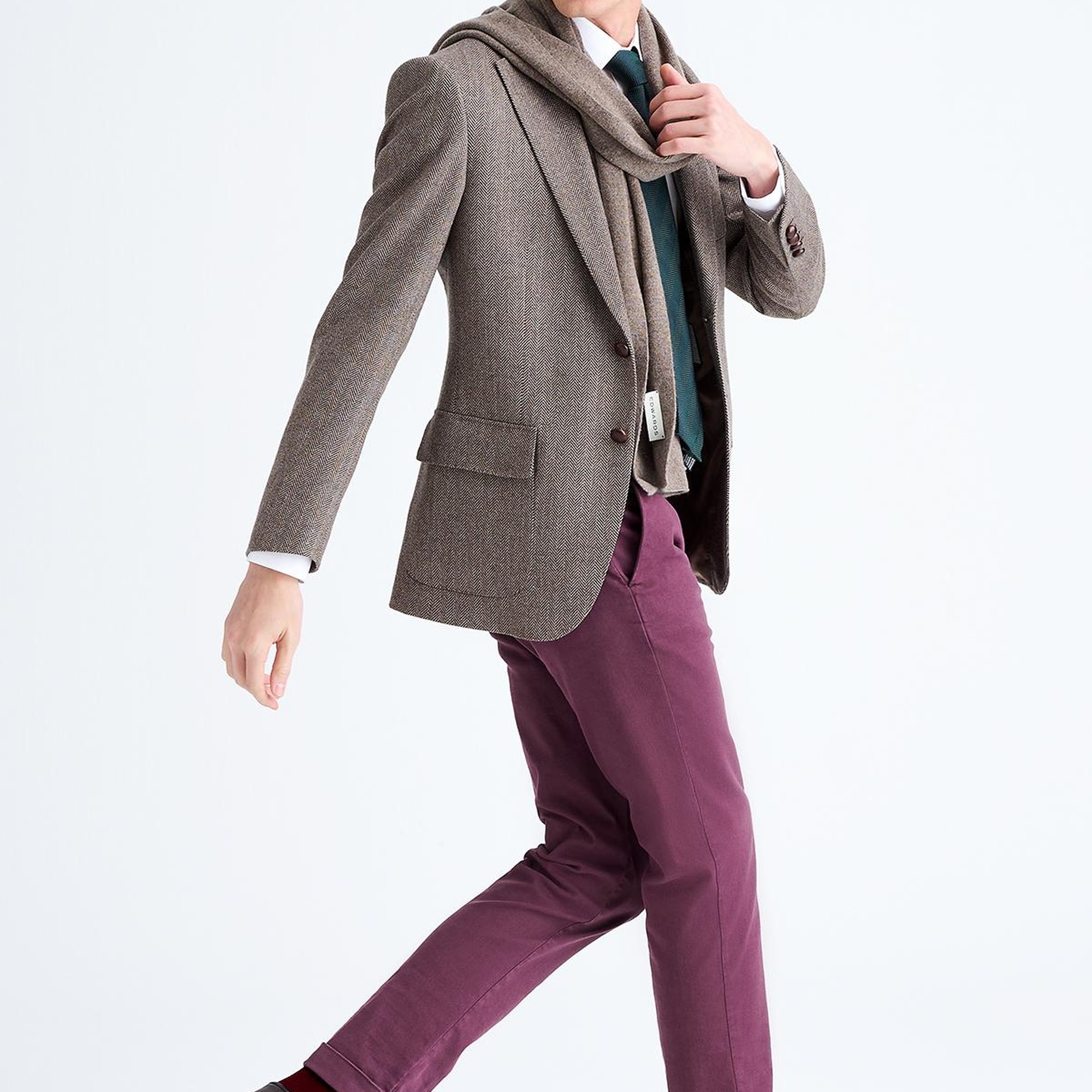 Erkek Kahverengi Delfino Balıksırtı Desenli Yün Kaşmir Karışımlı Ceket