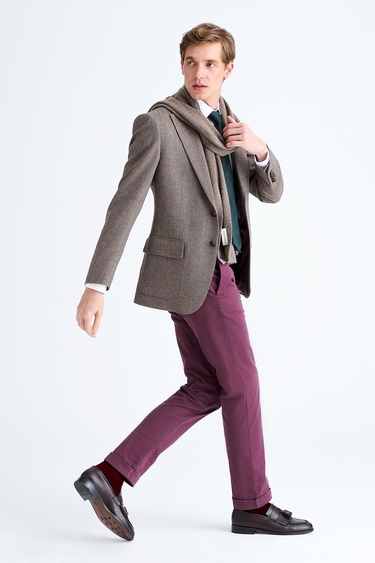  Erkek Kahverengi Delfino Balıksırtı Desenli Yün Kaşmir Karışımlı Ceket