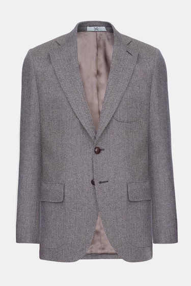  Erkek Kahverengi Delfino Balıksırtı Desenli Yün Kaşmir Karışımlı Ceket