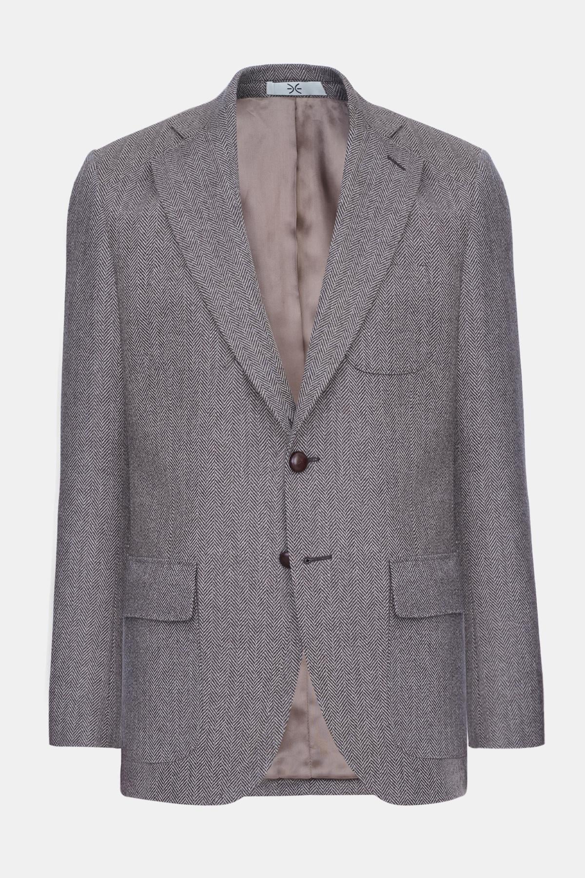  Erkek Kahverengi Delfino Balıksırtı Desenli Yün Kaşmir Karışımlı Ceket