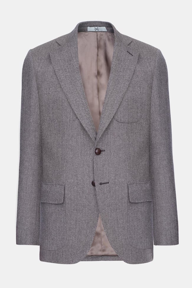  Erkek Kahverengi Delfino Balıksırtı Desenli Yün Kaşmir Karışımlı Ceket