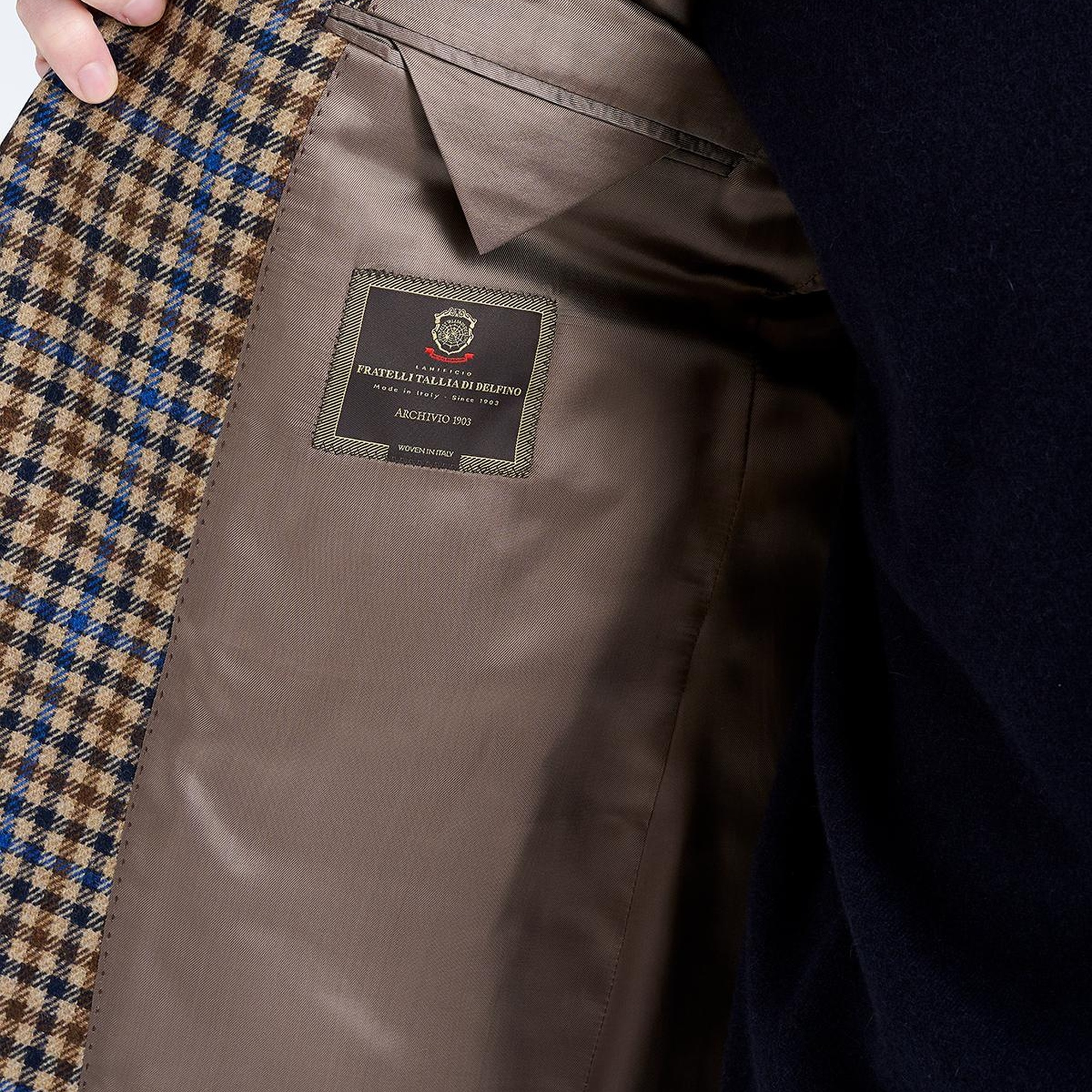 Erkek Kahverengi Delfino Kazayağı Desenli Yün Kaşmir Karışımlı Ceket