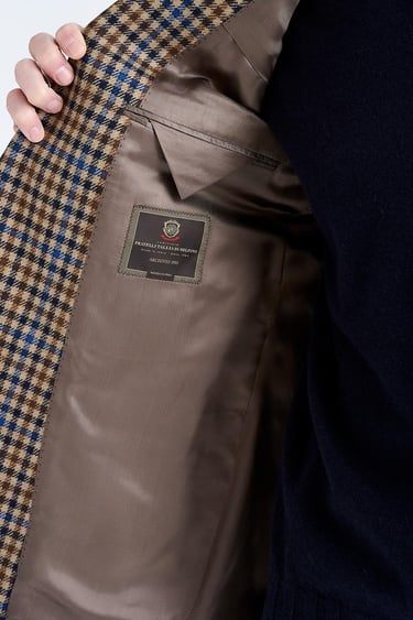  Erkek Kahverengi Delfino Kazayağı Desenli Yün Kaşmir Karışımlı Ceket