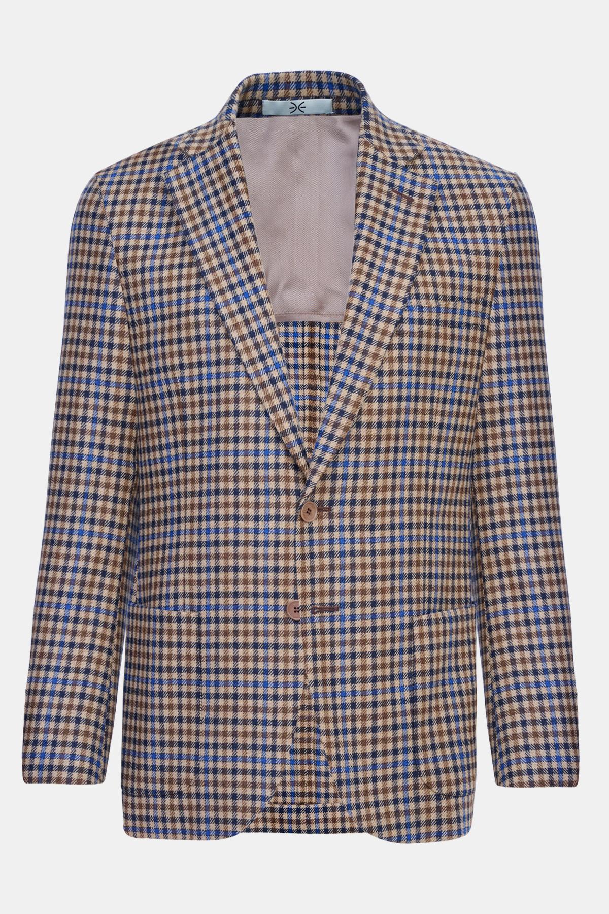  Erkek Kahverengi Delfino Kazayağı Desenli Yün Kaşmir Karışımlı Ceket