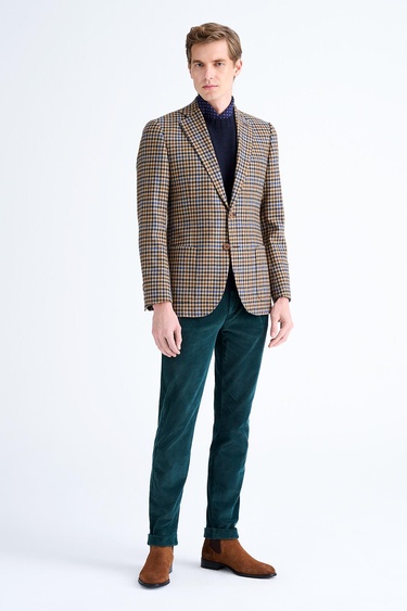  Erkek Kahverengi Delfino Kazayağı Desenli Yün Kaşmir Karışımlı Ceket