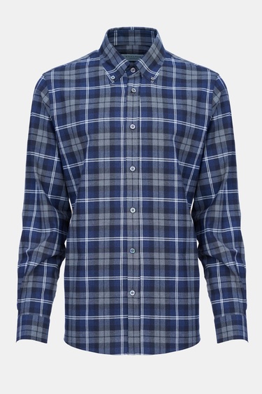  Erkek Lacivert Cooper Fit Ekoseli Düğmeli Yaka Flanel Spor Gömlek