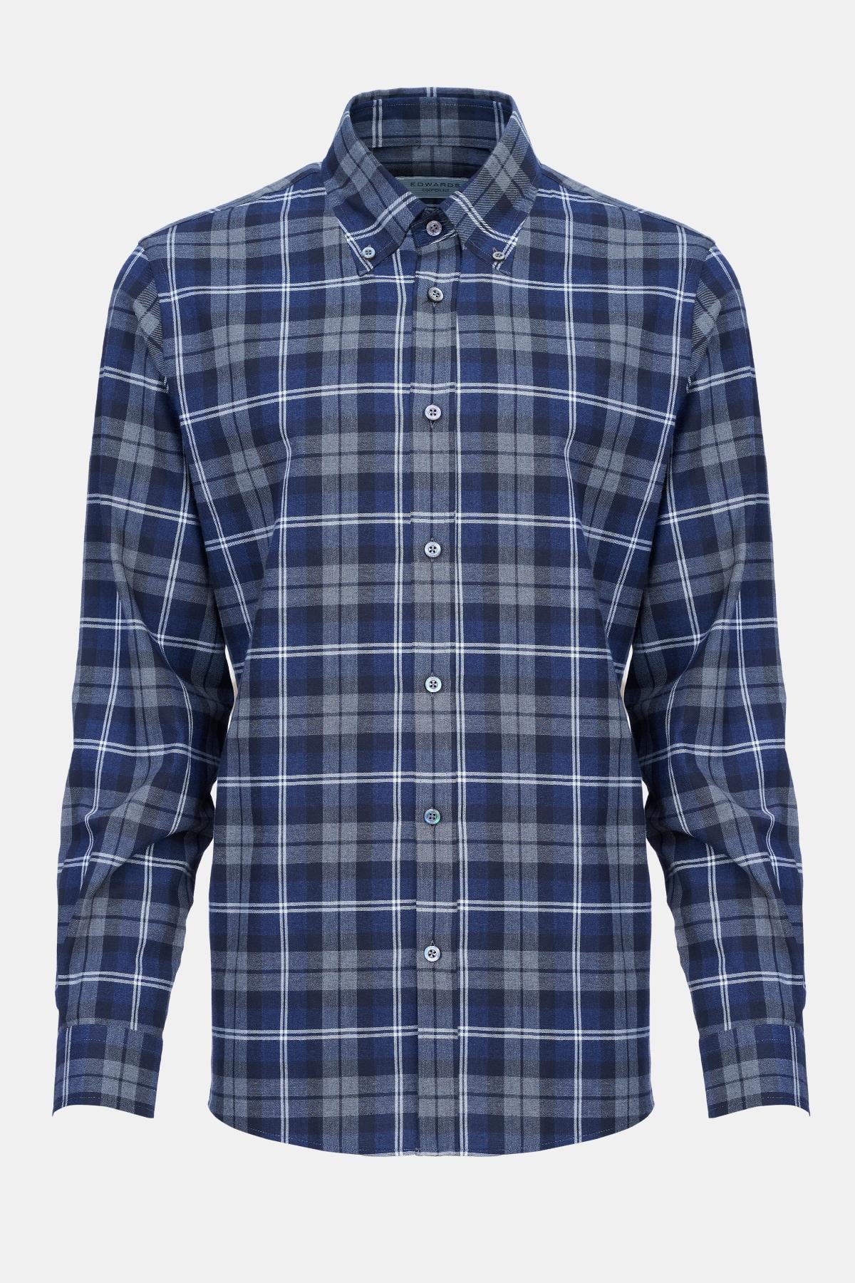 Erkek Lacivert Cooper Fit Ekoseli Düğmeli Yaka Flanel Spor Gömlek