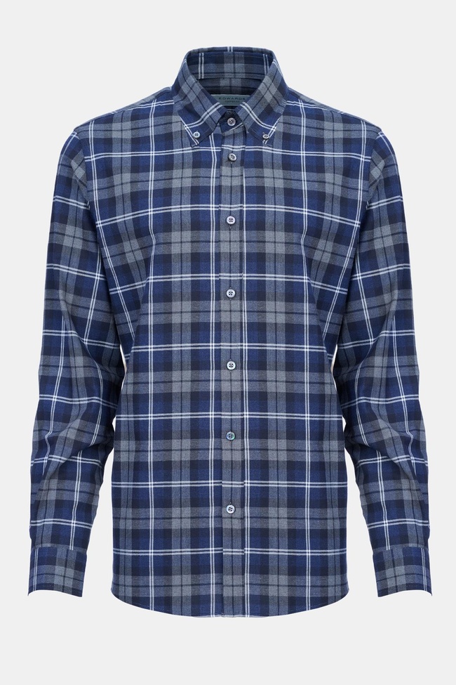  Erkek Lacivert Cooper Fit Ekoseli Düğmeli Yaka Flanel Spor Gömlek