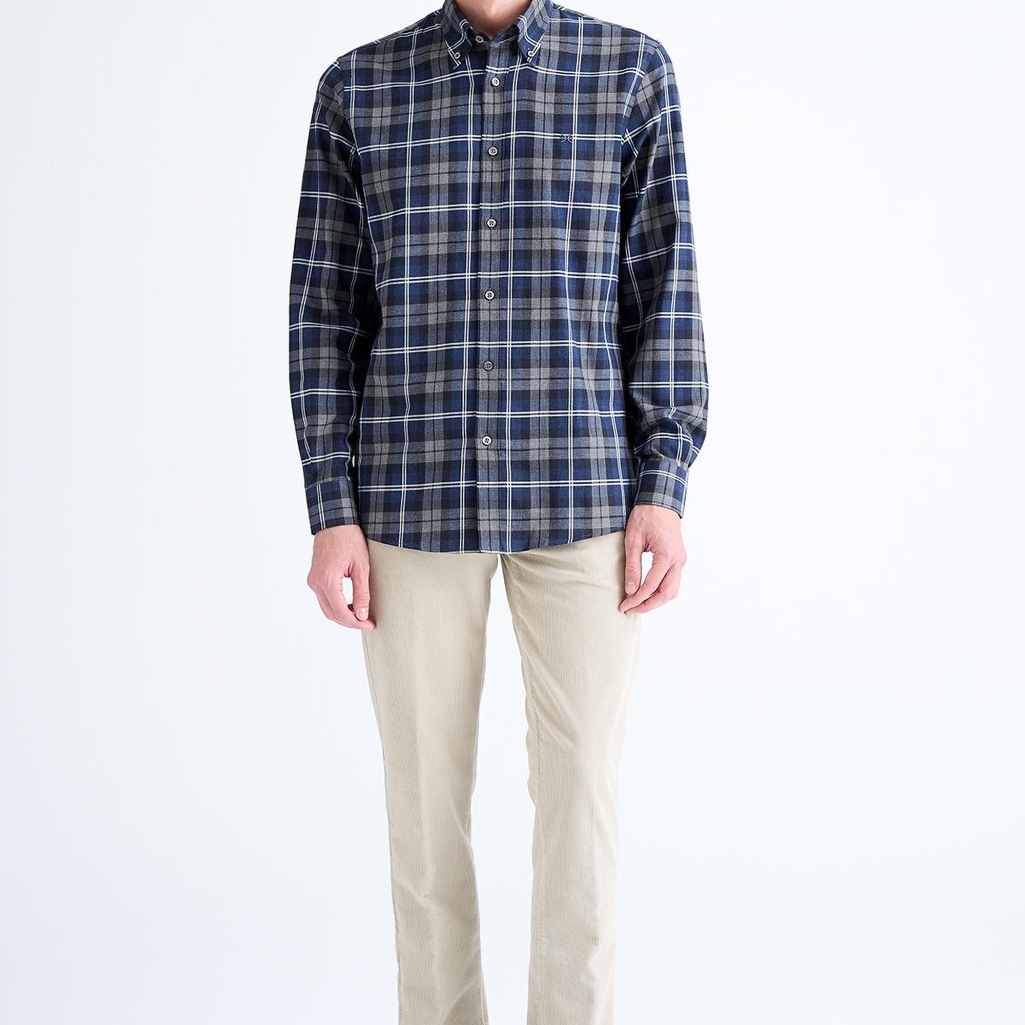 Erkek Lacivert Cooper Fit Ekoseli Düğmeli Yaka Flanel Spor Gömlek