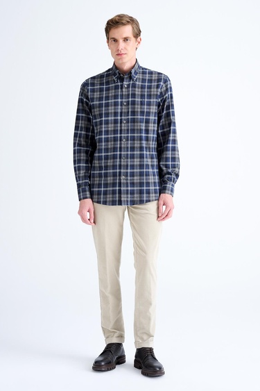  Erkek Lacivert Cooper Fit Ekoseli Düğmeli Yaka Flanel Spor Gömlek