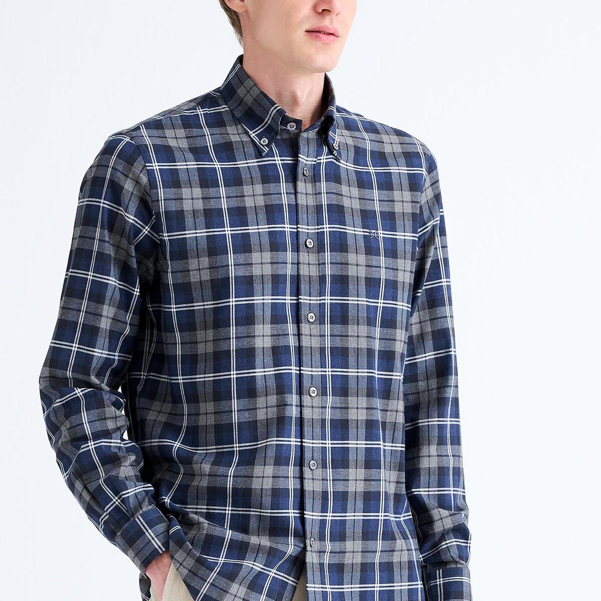 Erkek Lacivert Cooper Fit Ekoseli Düğmeli Yaka Flanel Spor Gömlek
