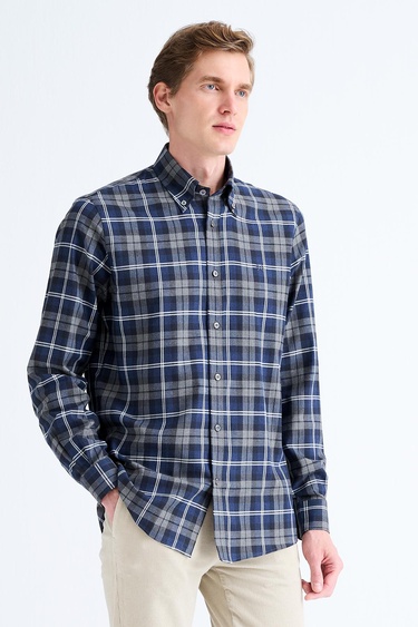  Erkek Lacivert Cooper Fit Ekoseli Düğmeli Yaka Flanel Spor Gömlek