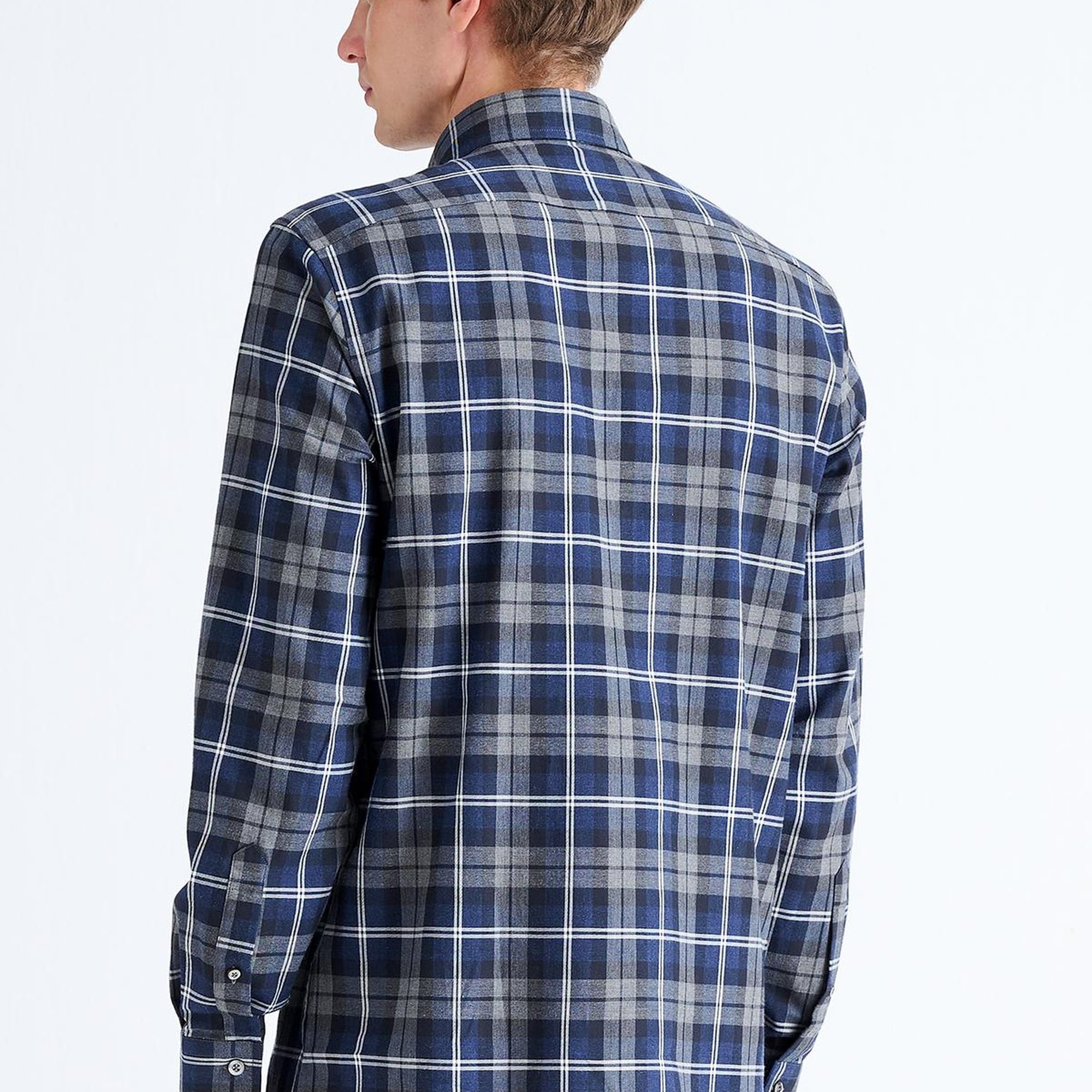 Erkek Lacivert Cooper Fit Ekoseli Düğmeli Yaka Flanel Spor Gömlek