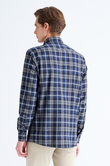  Erkek Lacivert Cooper Fit Ekoseli Düğmeli Yaka Flanel Spor Gömlek