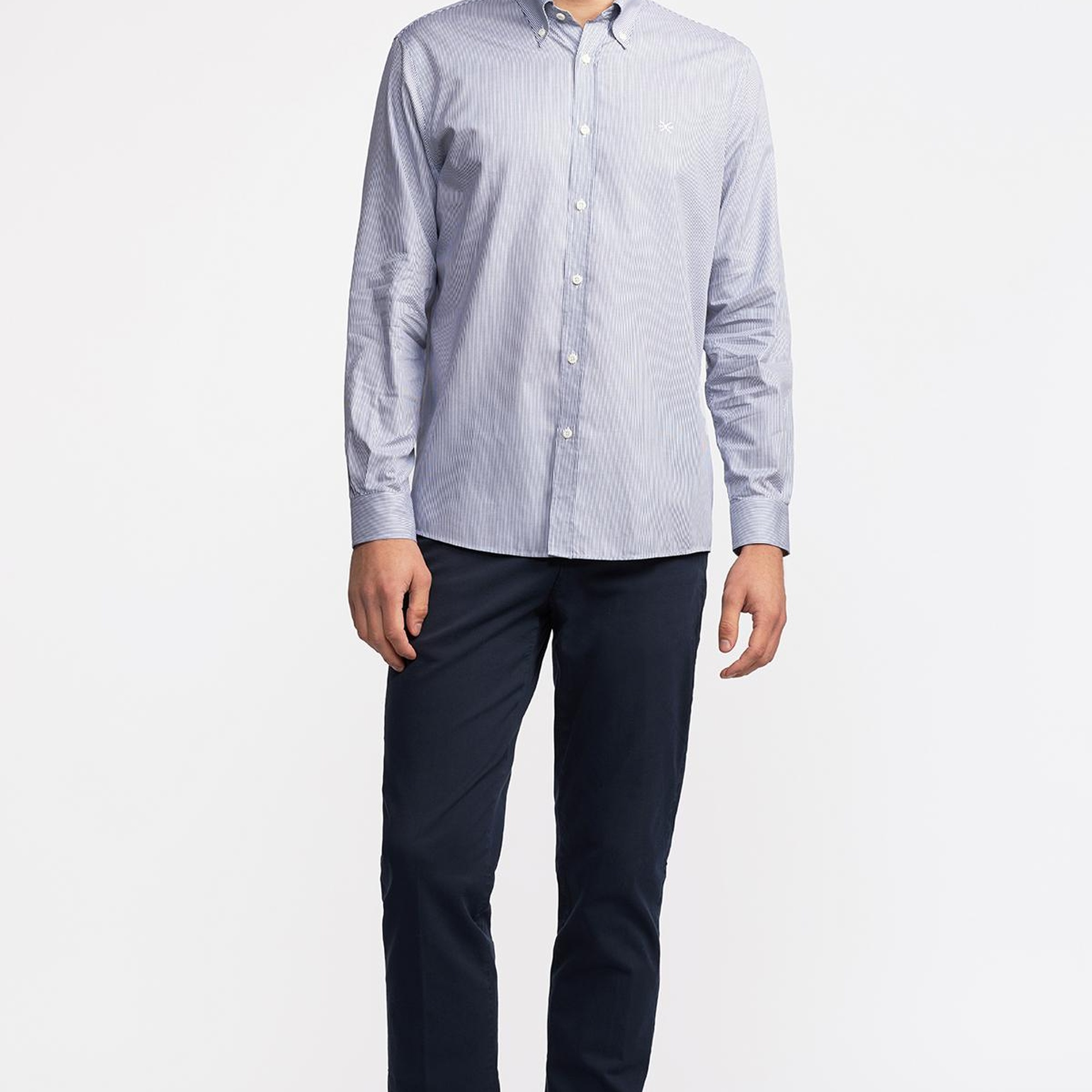 Erkek Antrasit Cooper Fit Düğmeli Yaka Çizgili Spor Gömlek