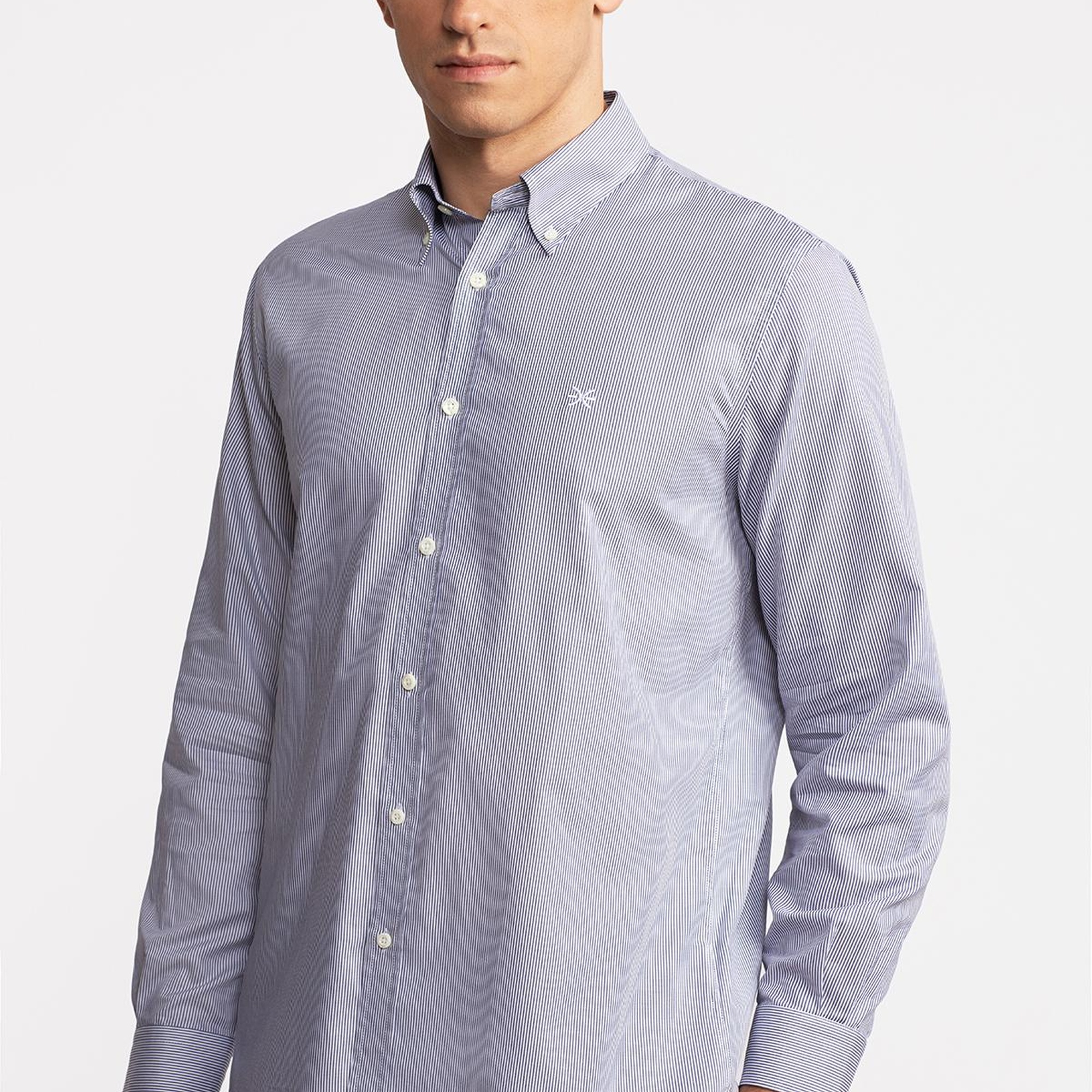 Erkek Antrasit Cooper Fit Düğmeli Yaka Çizgili Spor Gömlek