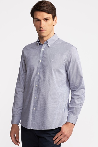  Erkek Antrasit Cooper Fit Düğmeli Yaka Çizgili Spor Gömlek