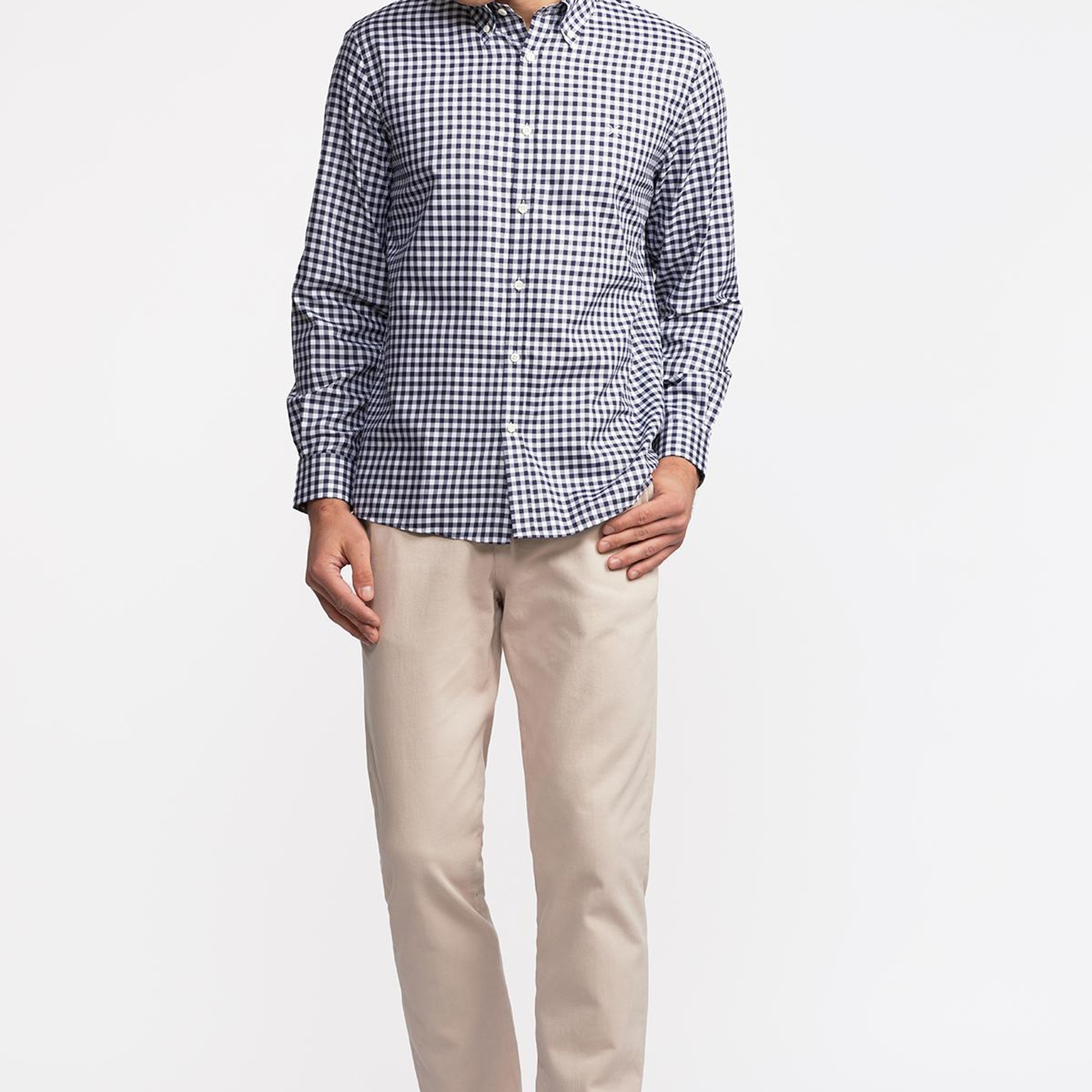 Erkek Siyah Cooper Fit Düğmeli Yaka Pötikareli Spor Gömlek