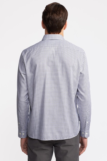  Erkek Lacivert Cooper Fit Düğmeli Yaka Pötikareli Spor Gömlek