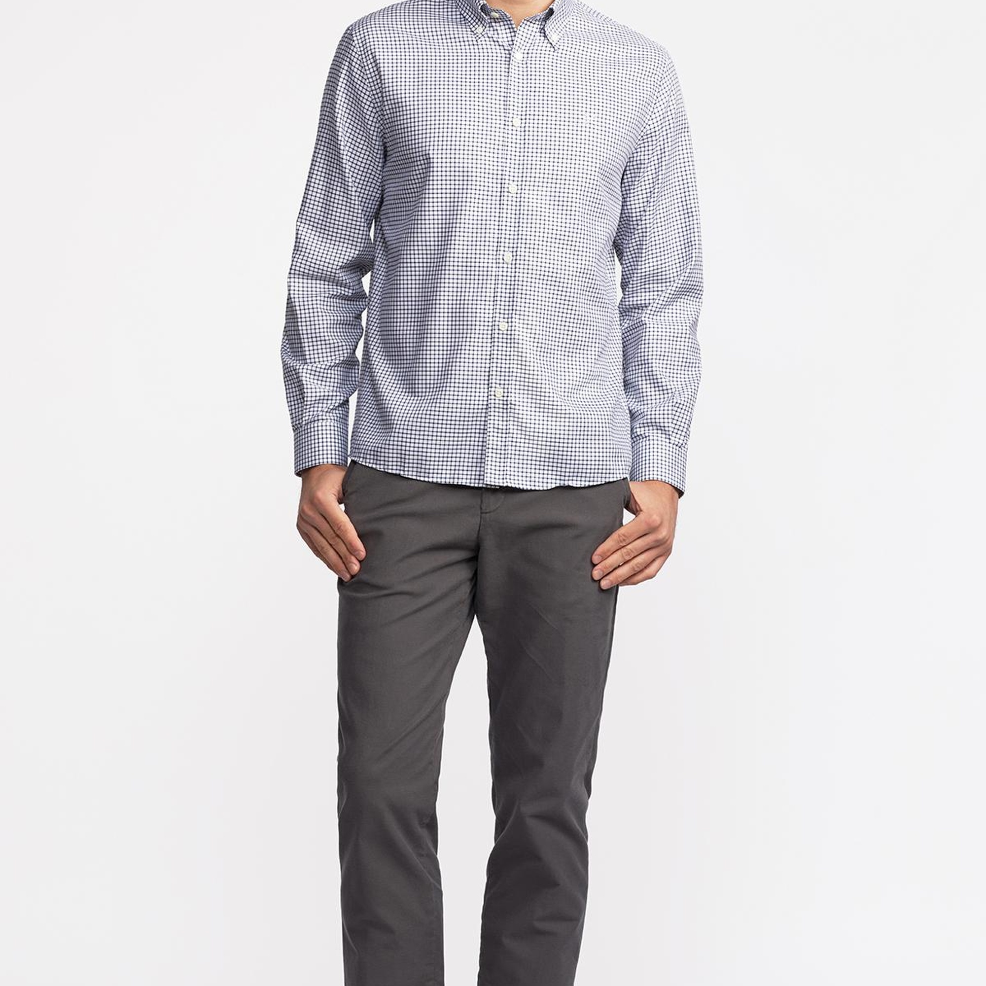 Erkek Lacivert Cooper Fit Düğmeli Yaka Pötikareli Spor Gömlek