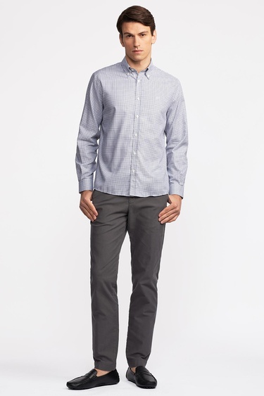  Erkek Lacivert Cooper Fit Düğmeli Yaka Pötikareli Spor Gömlek