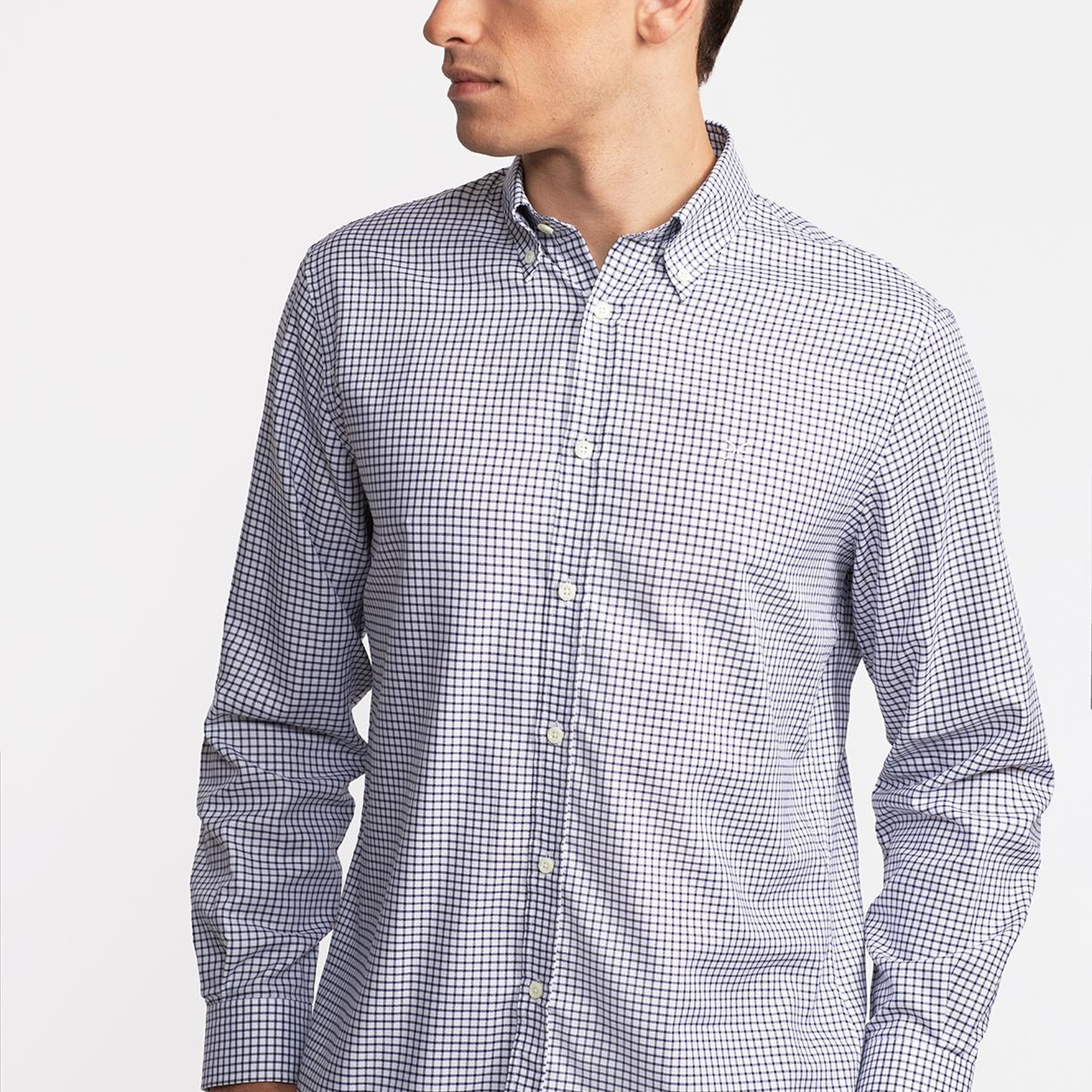 Erkek Lacivert Cooper Fit Düğmeli Yaka Pötikareli Spor Gömlek