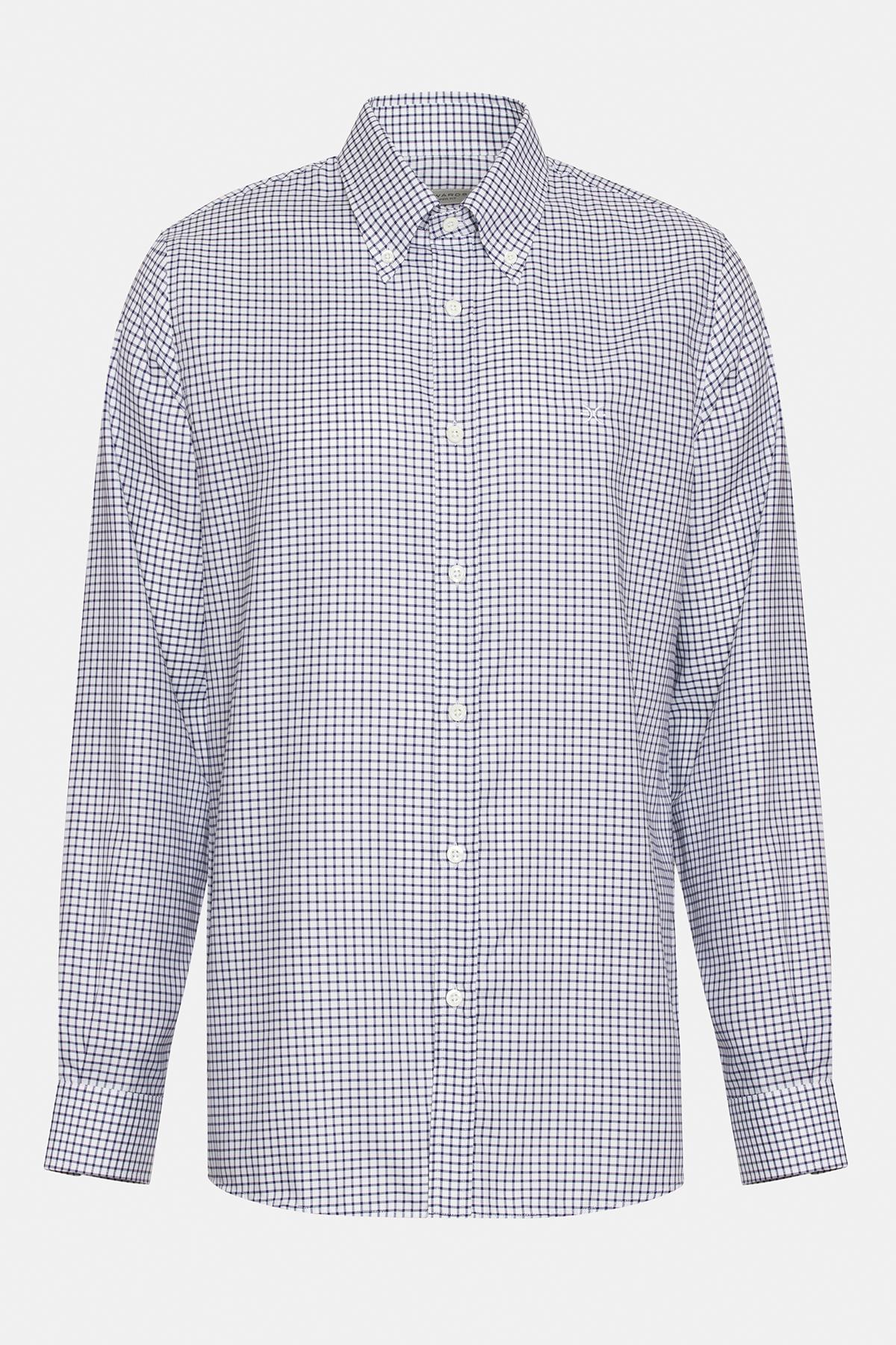  Erkek Lacivert Cooper Fit Düğmeli Yaka Pötikareli Spor Gömlek