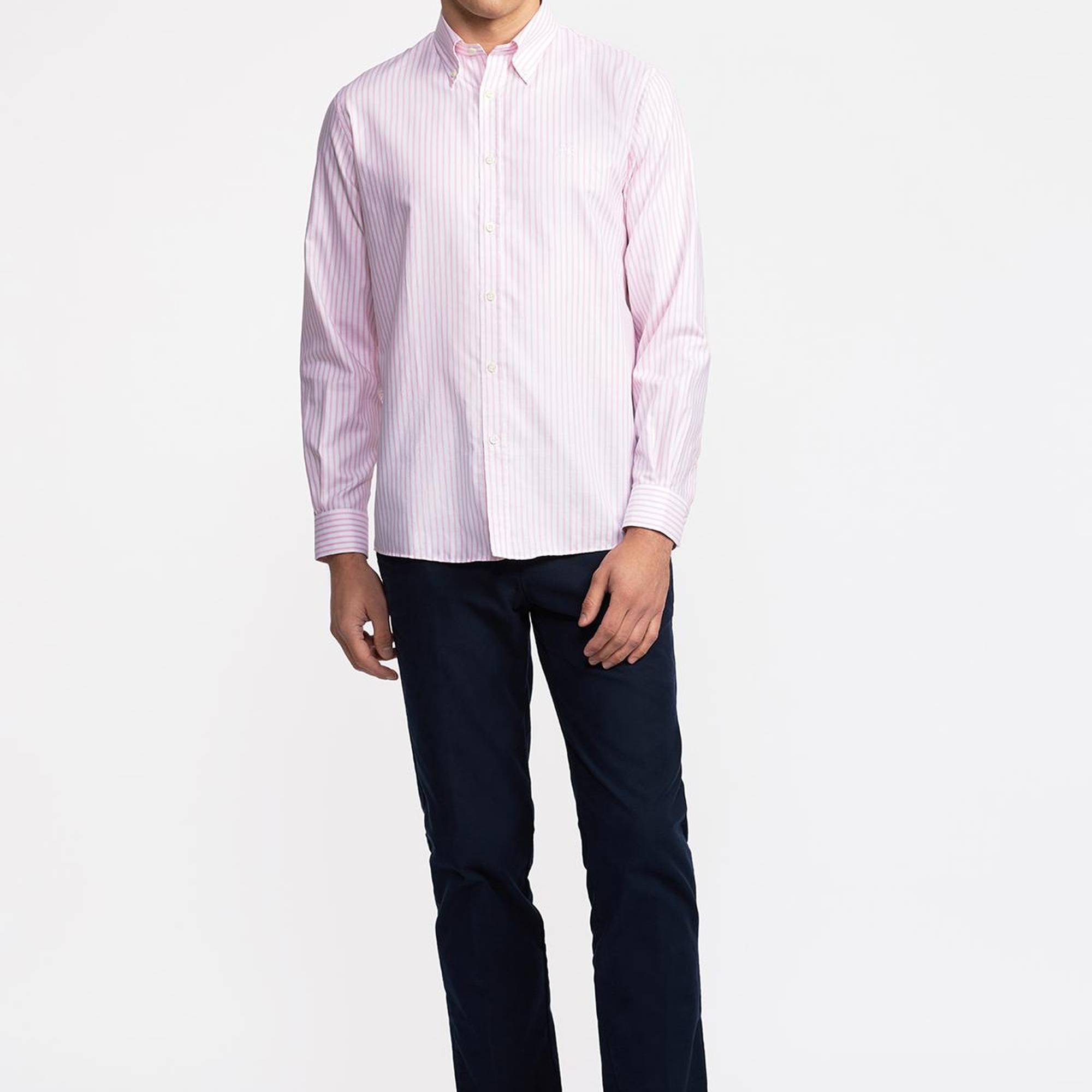 Erkek Pembe Cooper Fit Düğmeli Yaka Çizgili Spor Gömlek