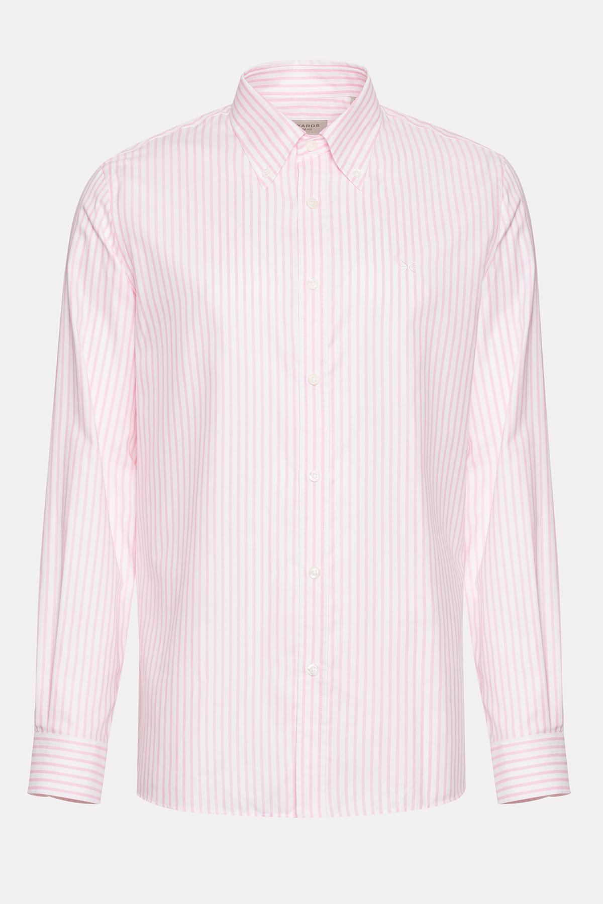  Erkek Pembe Cooper Fit Düğmeli Yaka Çizgili Spor Gömlek