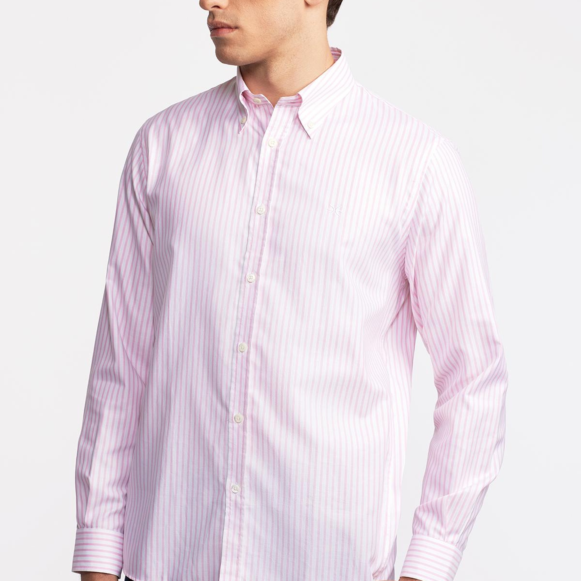 Erkek Pembe Cooper Fit Düğmeli Yaka Çizgili Spor Gömlek