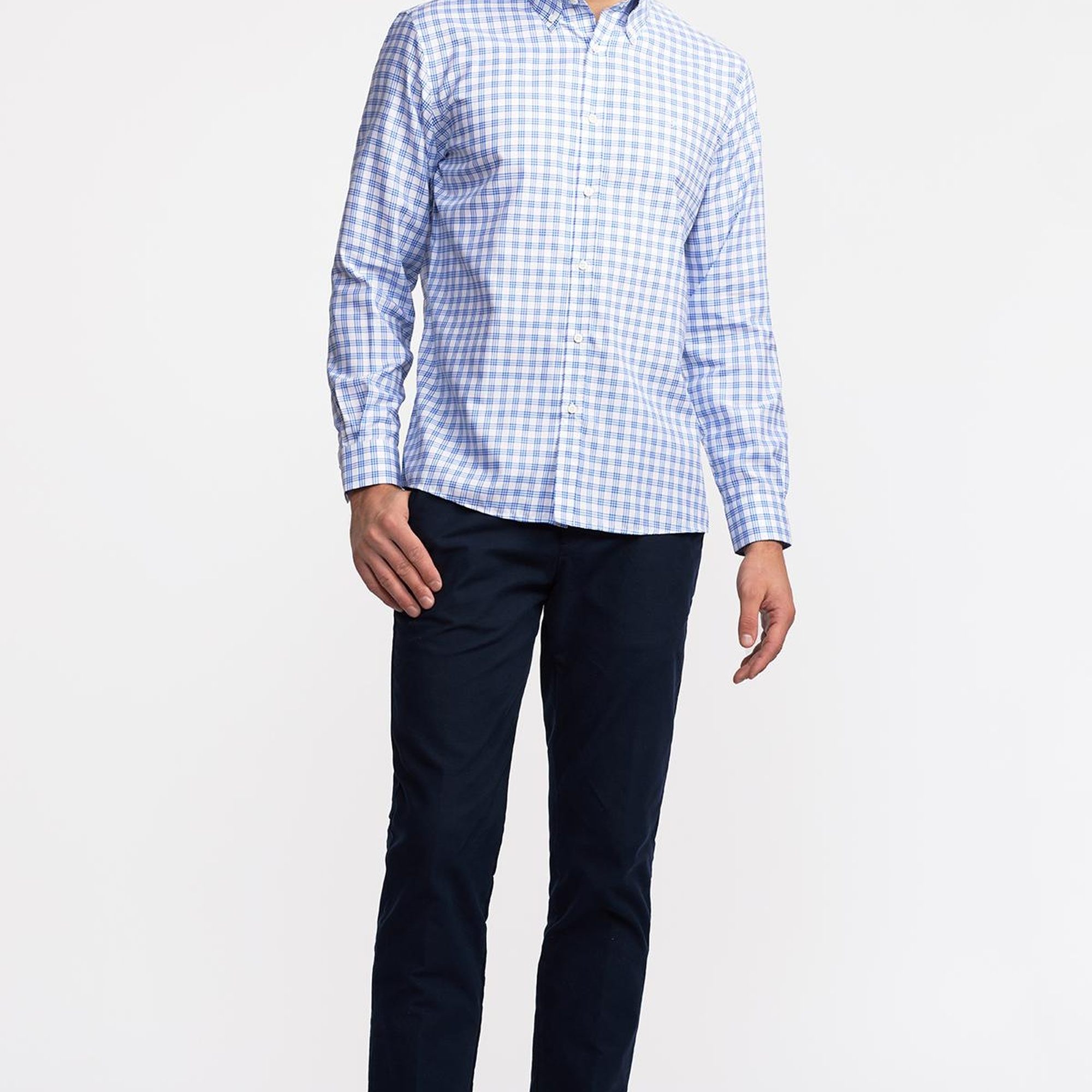 Erkek Koyu Mavi Cooper Fit Düğmeli Yaka Ekoseli Spor Gömlek