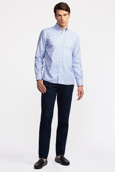  Erkek Koyu Mavi Cooper Fit Düğmeli Yaka Ekoseli Spor Gömlek