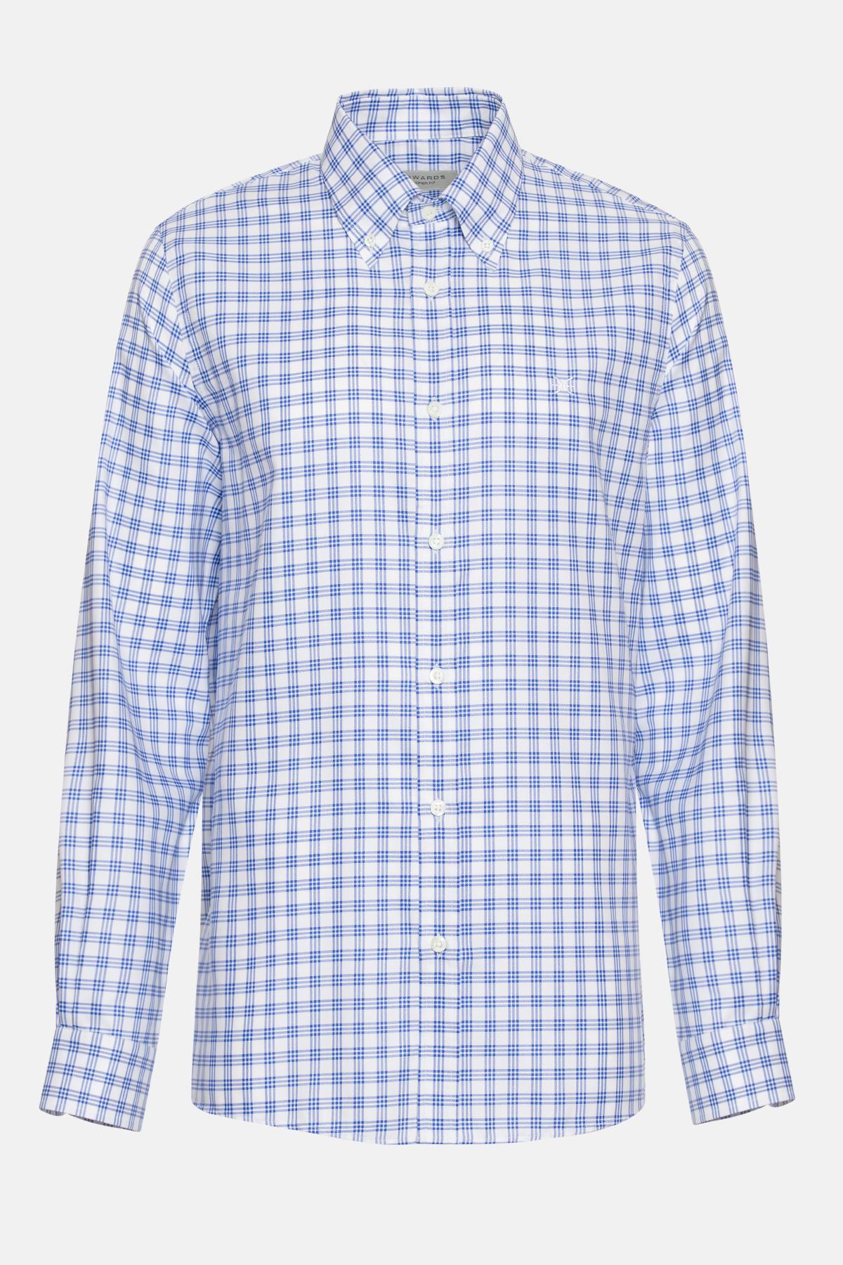  Erkek Koyu Mavi Cooper Fit Düğmeli Yaka Ekoseli Spor Gömlek