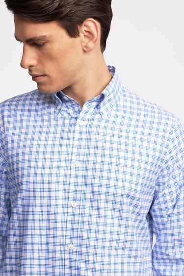  Erkek Koyu Mavi Cooper Fit Düğmeli Yaka Ekoseli Spor Gömlek