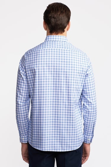  Erkek Koyu Mavi Cooper Fit Düğmeli Yaka Ekoseli Spor Gömlek