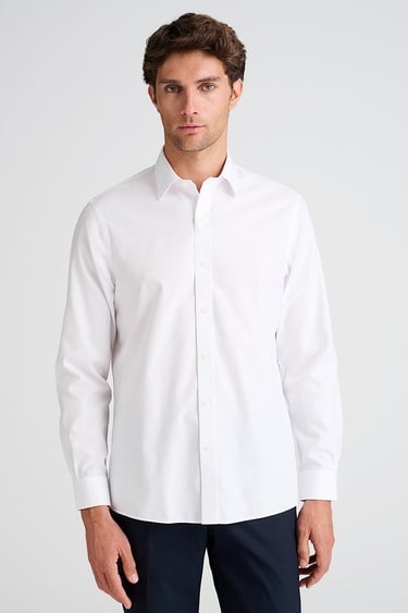  Erkek Beyaz Cooper Fit Non-Iron Kravat Yaka Klasik Gömlek