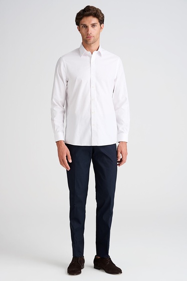  Erkek Beyaz Cooper Fit Non-Iron Kravat Yaka Klasik Gömlek