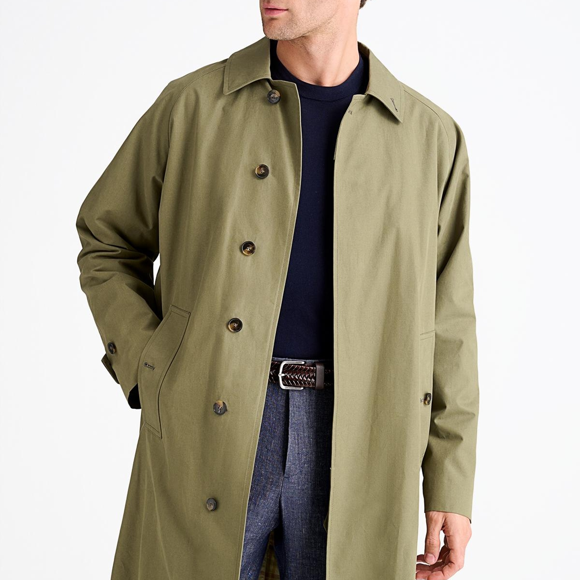 Erkek Yeşil Fermuar Detaylı Klasik Trençkot