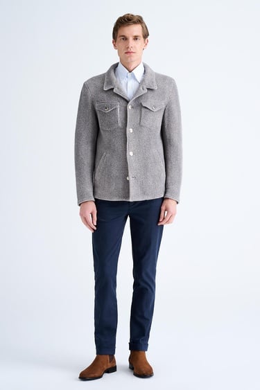  Erkek Gri Cep Detaylı Yün Mont