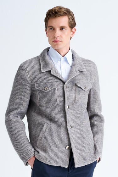  Erkek Gri Cep Detaylı Yün Mont