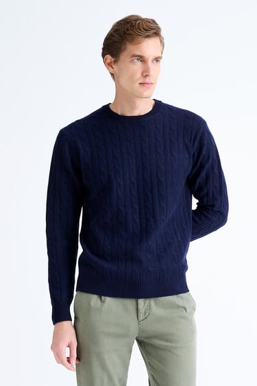  Erkek Lacivert Bisiklet Yaka Saç Örgülü Kaşmir Kazak