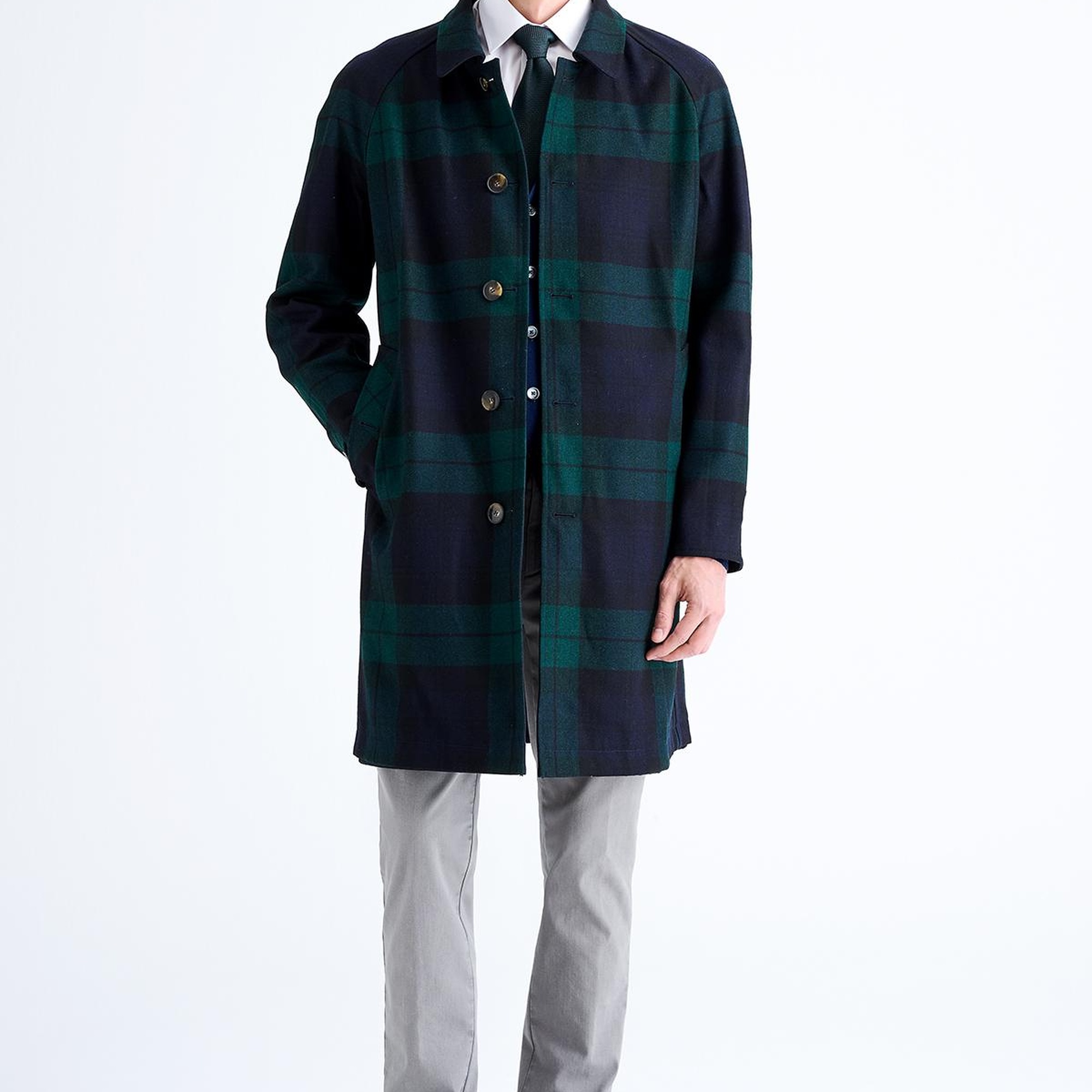 Erkek Siyah Yün Blackwatch Çift Taraflı Trençkot