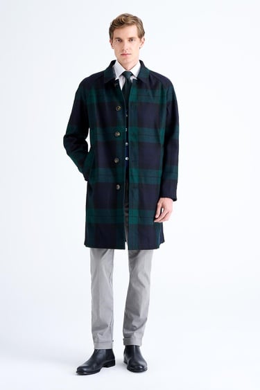  Erkek Siyah Yün Blackwatch Çift Taraflı Trençkot