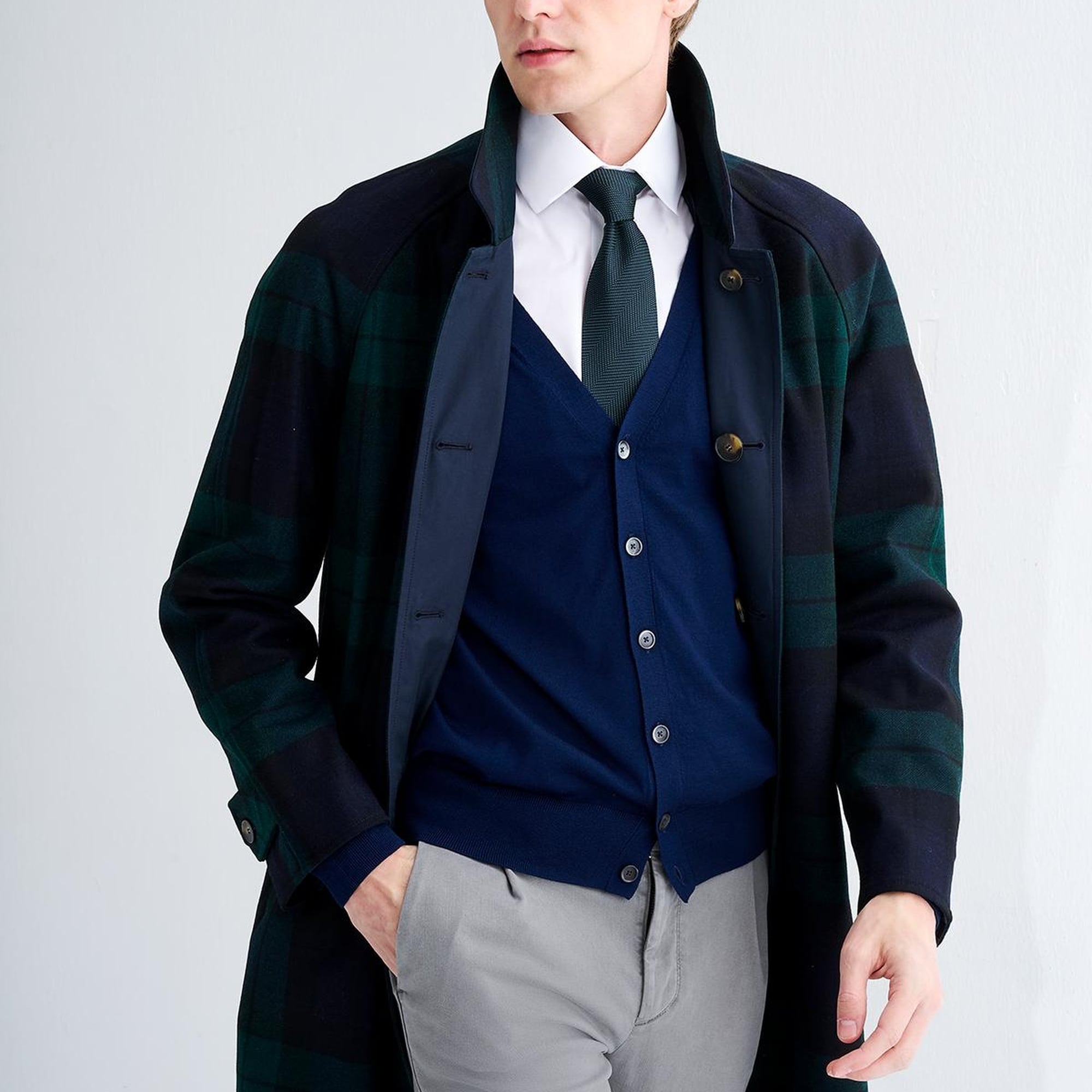 Erkek Siyah Yün Blackwatch Çift Taraflı Trençkot