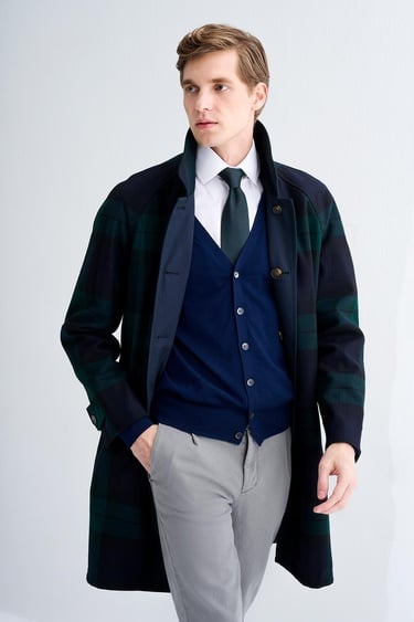  Erkek Siyah Yün Blackwatch Çift Taraflı Trençkot