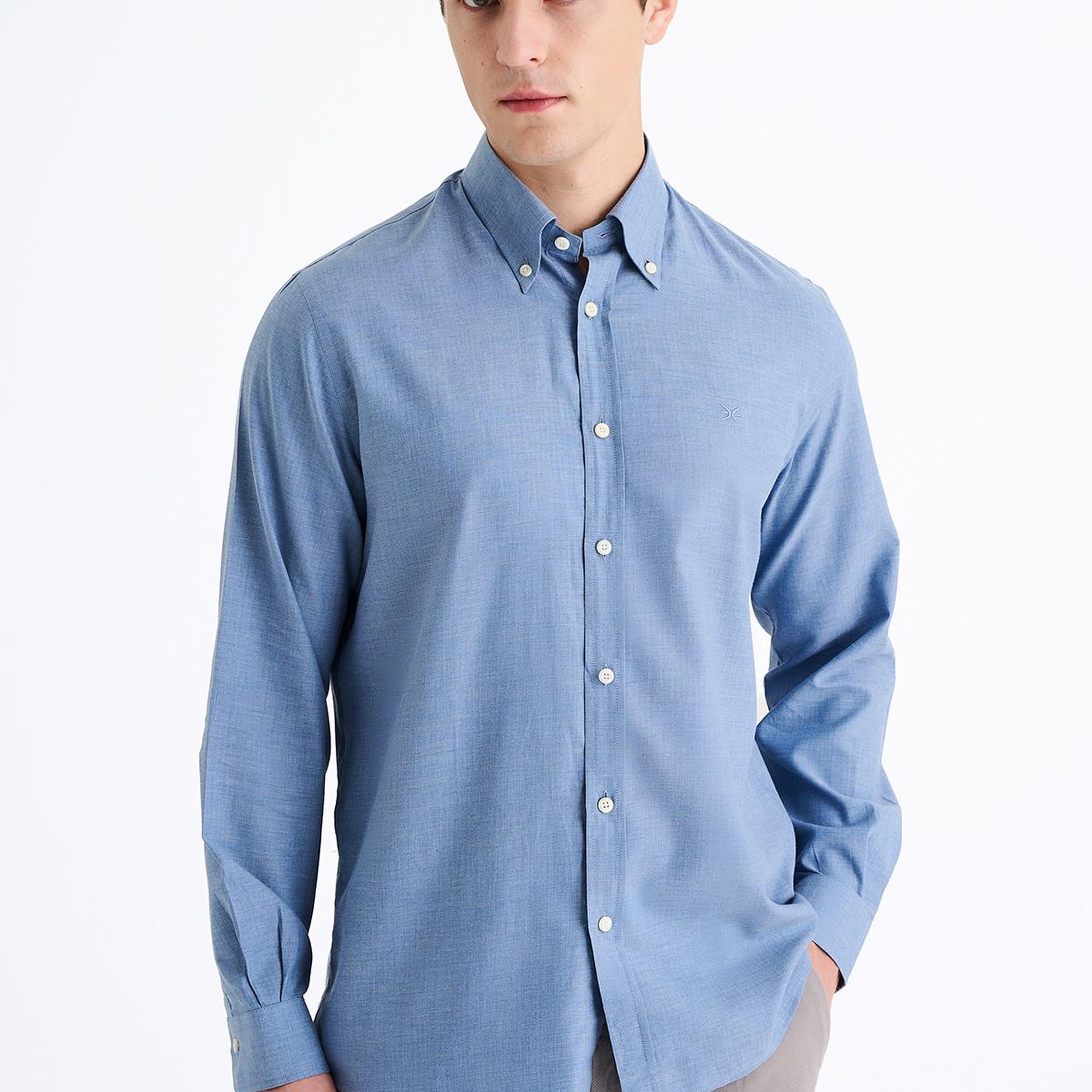 Erkek İndigo Cooper Fit Düğmeli Yaka Flannel Spor Gömlek