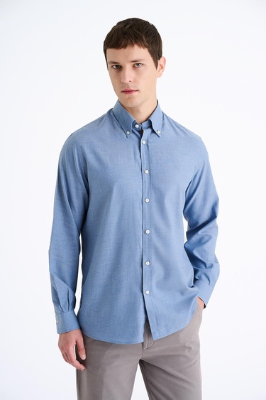  Erkek İndigo Cooper Fit Düğmeli Yaka Flannel Spor Gömlek