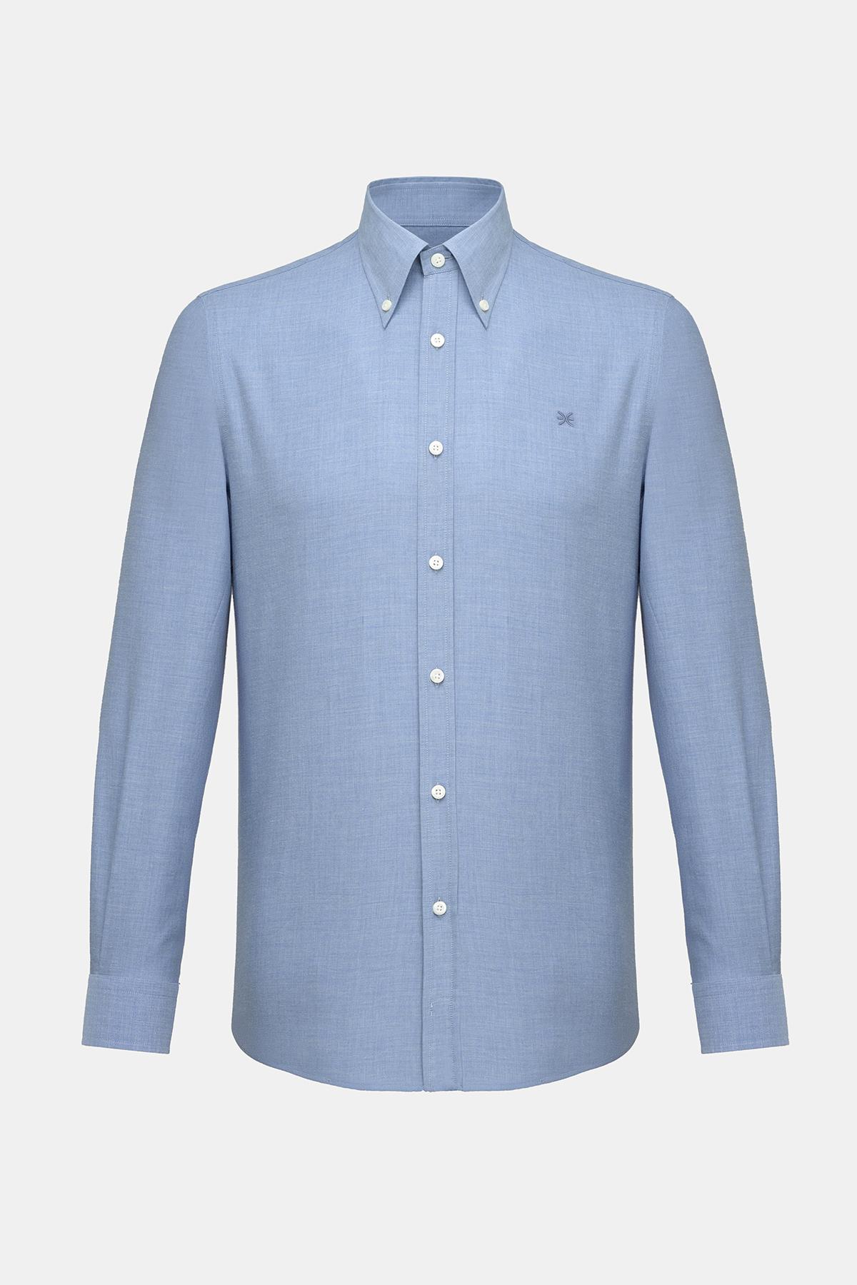  Erkek İndigo Cooper Fit Düğmeli Yaka Flannel Spor Gömlek