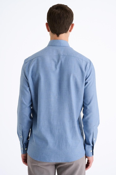  Erkek İndigo Cooper Fit Düğmeli Yaka Flannel Spor Gömlek