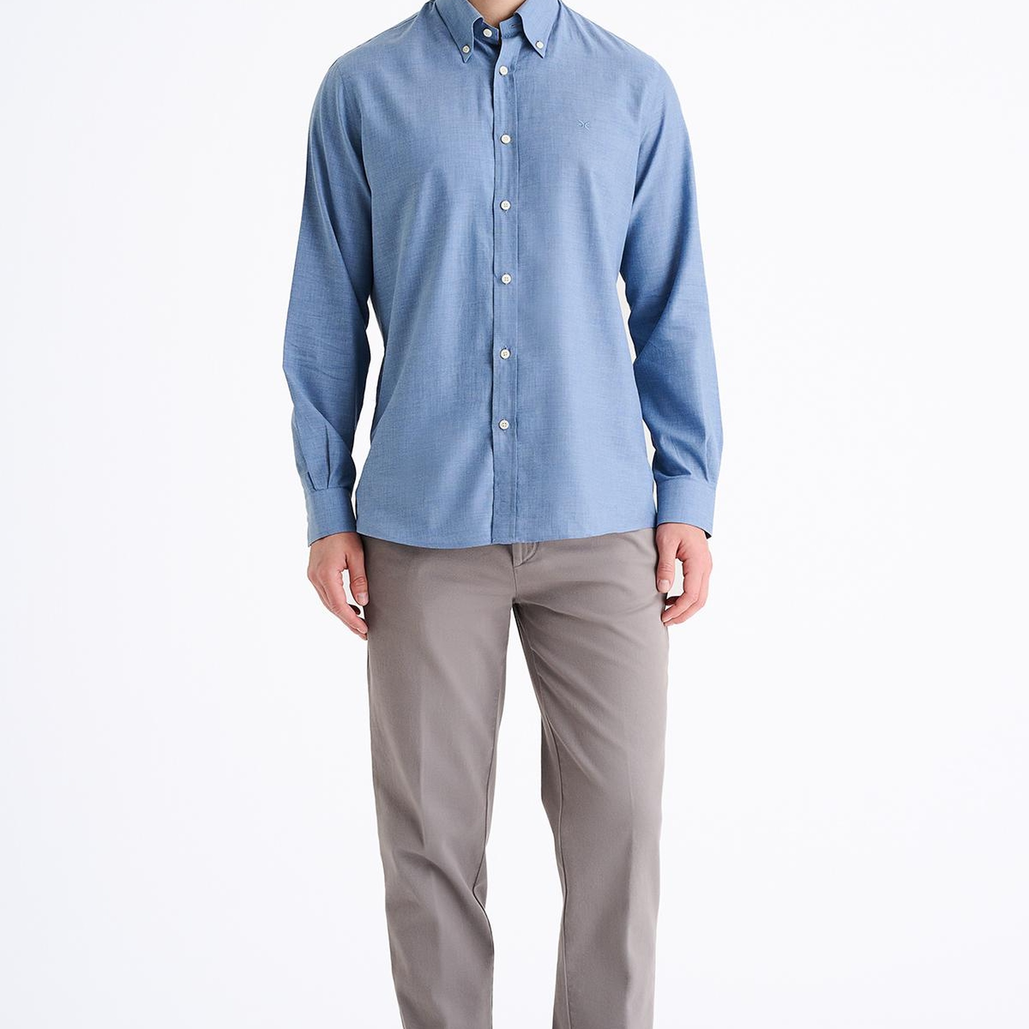 Erkek İndigo Cooper Fit Düğmeli Yaka Flannel Spor Gömlek